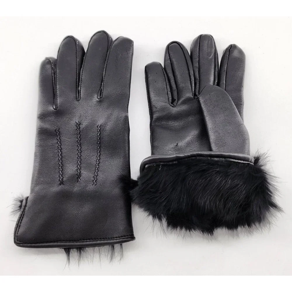 Jessica Stevens Women's Black‎ PVC Gloves  Animal Fur Lined Cuffs Size S/M